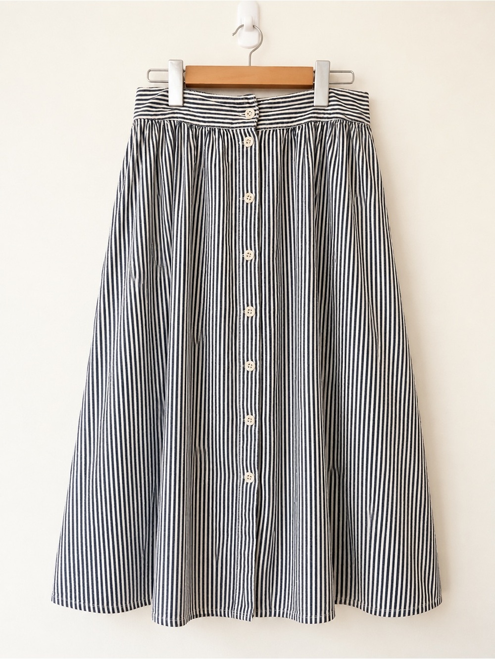 Madewell Striped Button Front Midi Skirt 100% Cotton Size 12 Coastal Preppy - Picture 2 of 9